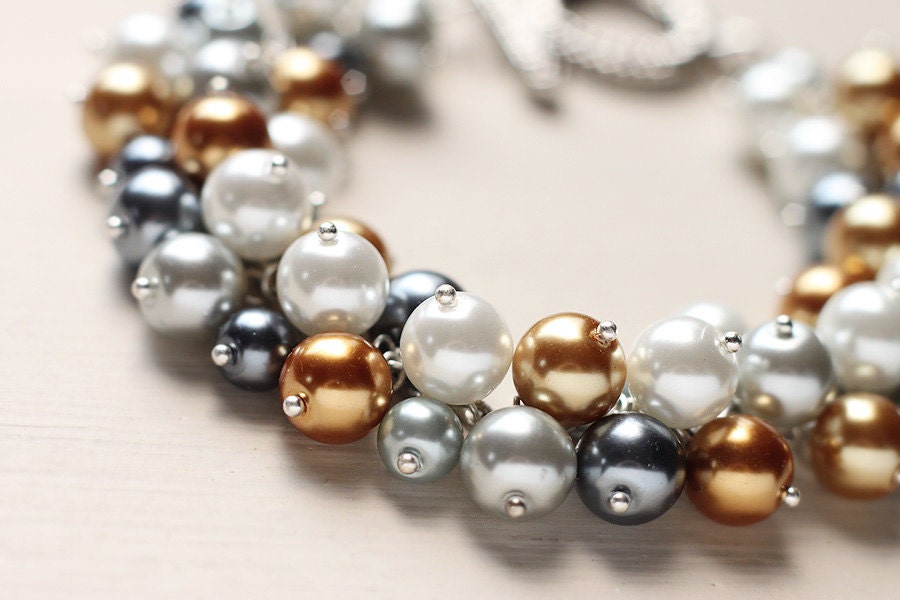 Gold Yellow Grey Wedding Jewelry Pearl Cluster Bracelet - I Dream of Craspedia