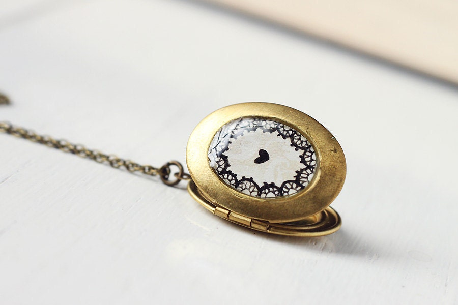 Hand Drawn Art Locket Pendant Necklace, Original Painting - Heart Laces