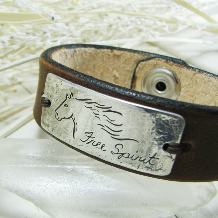 Personalized Fine Silver Horse Link with Leather Cuff Bracelet, Artisan Handmade, Engraved by Hand