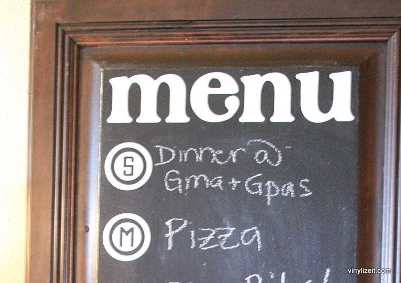 MENU Chalkboard Vinyl with days of the week vinly lettering (you choose the exact size)