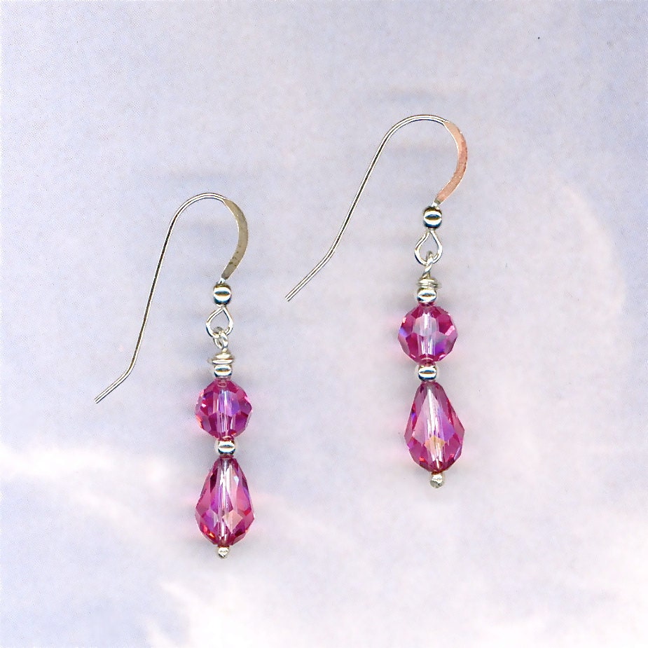 Dangle Earrings Silver Swarovski Pink Beads