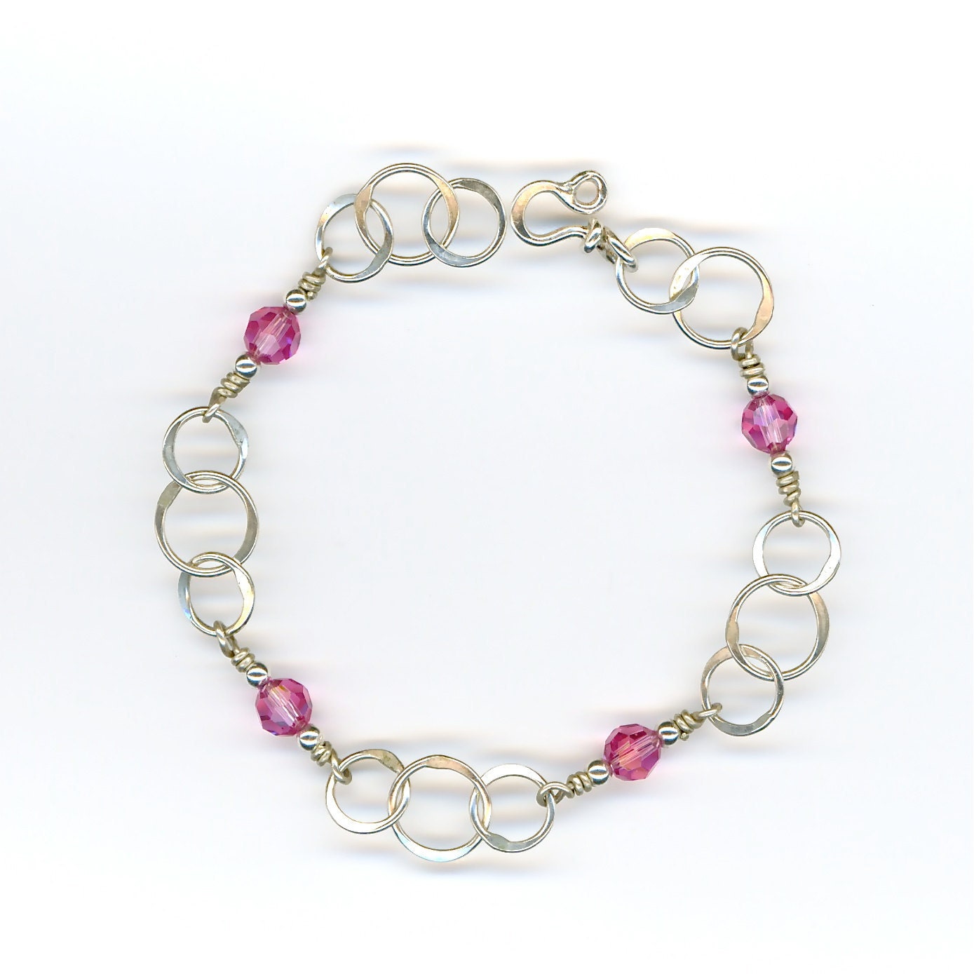 Bracelet Silver Chain Circles Pink Crystals