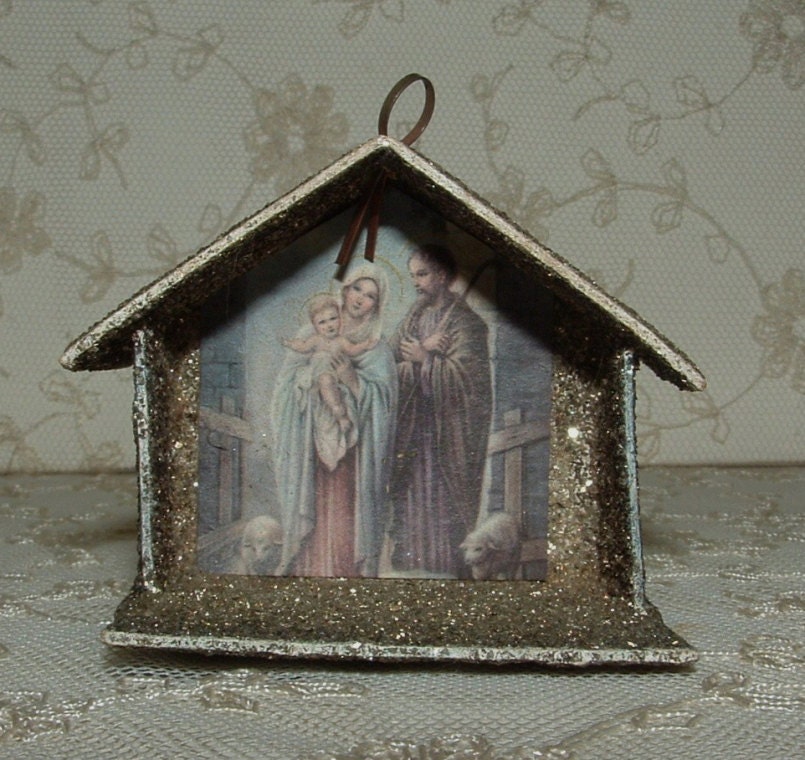 Vintage Putz Christmas Nativity House - Silver Mica - Western Germany
