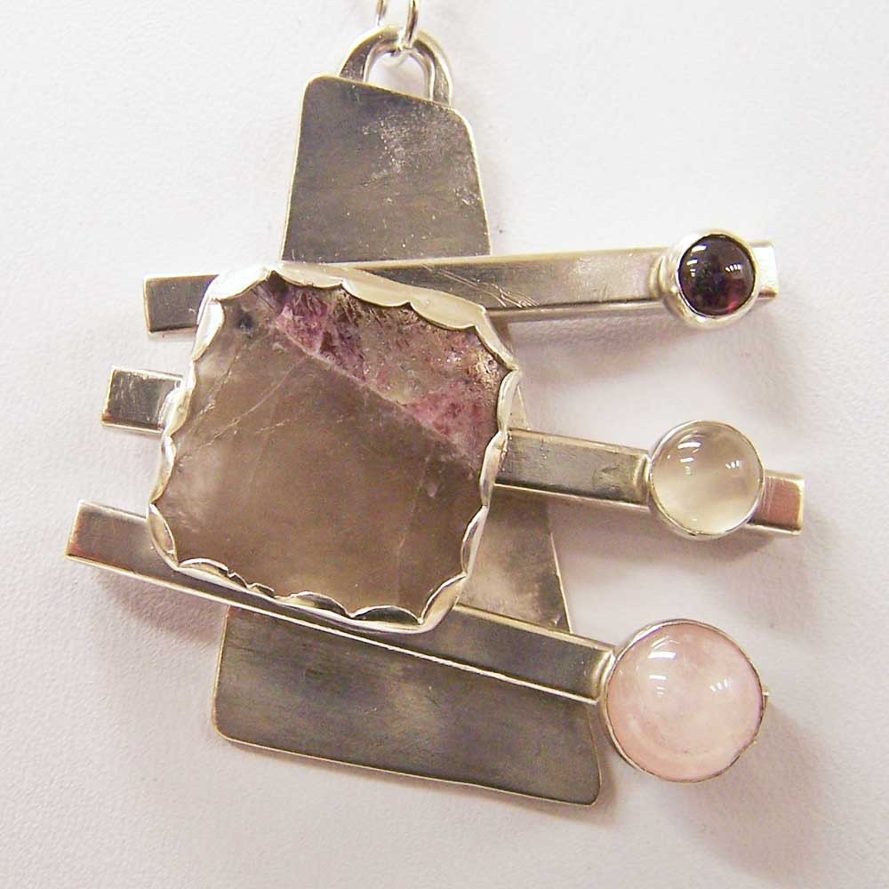Necklace- Pendant- Sterling Silver With Tourmaline, Rose Quartz, Moonstone, and Garnet Cabochons