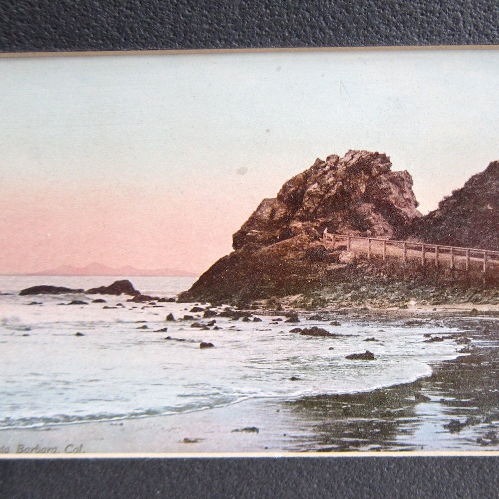 Antique Photochrom Lithograph W H Jackson Castle Rock, Santa Barbara, California 1901 Beach Photo