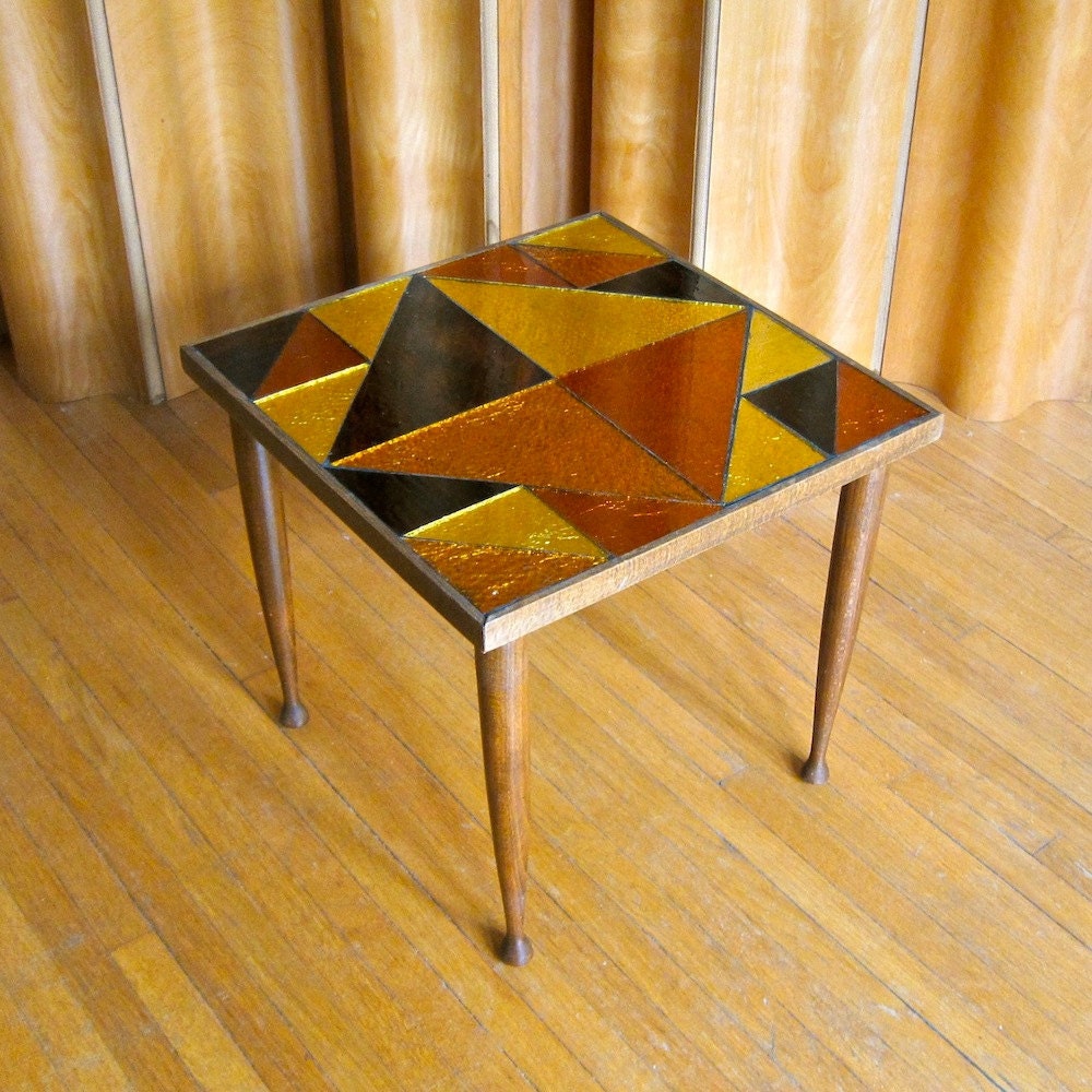 Glass Mosaic Top Side Table in Brown Orange by BarkingSandsVintage