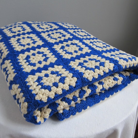 Blue and White Crochet Wool Granny Squares Afghan Throw Blanket
