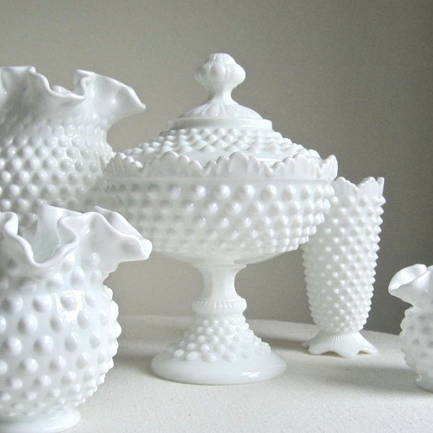 Hobnail Milk Glass Footed Candy Dish by Fenton White Covered Dish Scalloped Rim