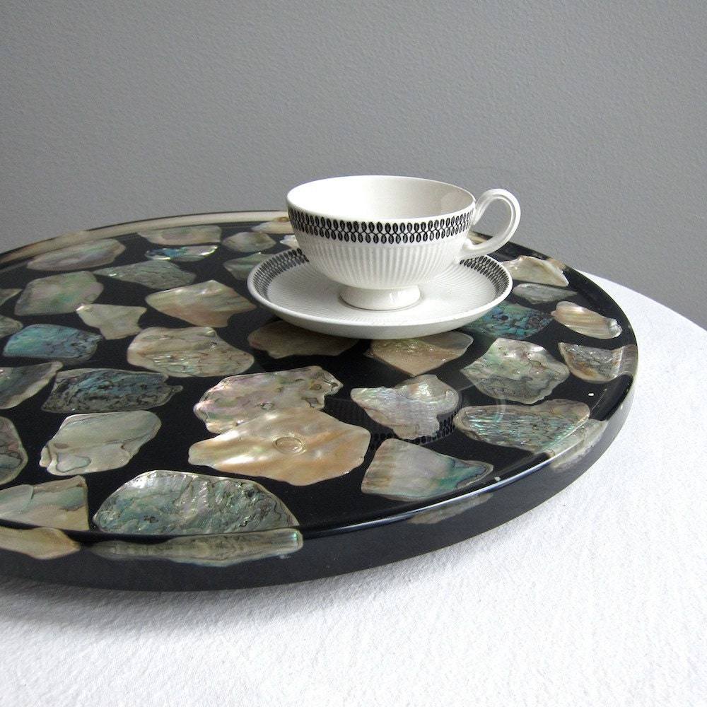 Abalone Shell and Acrylic Lucite Lazy Susan Mother of Pearl Resin