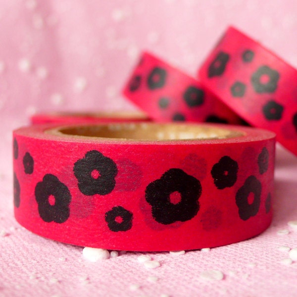 Washi Tape Kawaii Japanese Deco Tape Paper Masking Tape (Red Black Flower) Scrapbooking Gift Packaging Collage Card Making (1pc) W26
