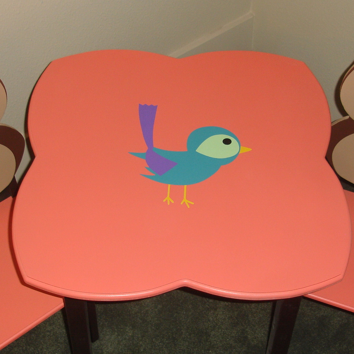 Brown and Coral Little Girls Table and Owl Chair Set