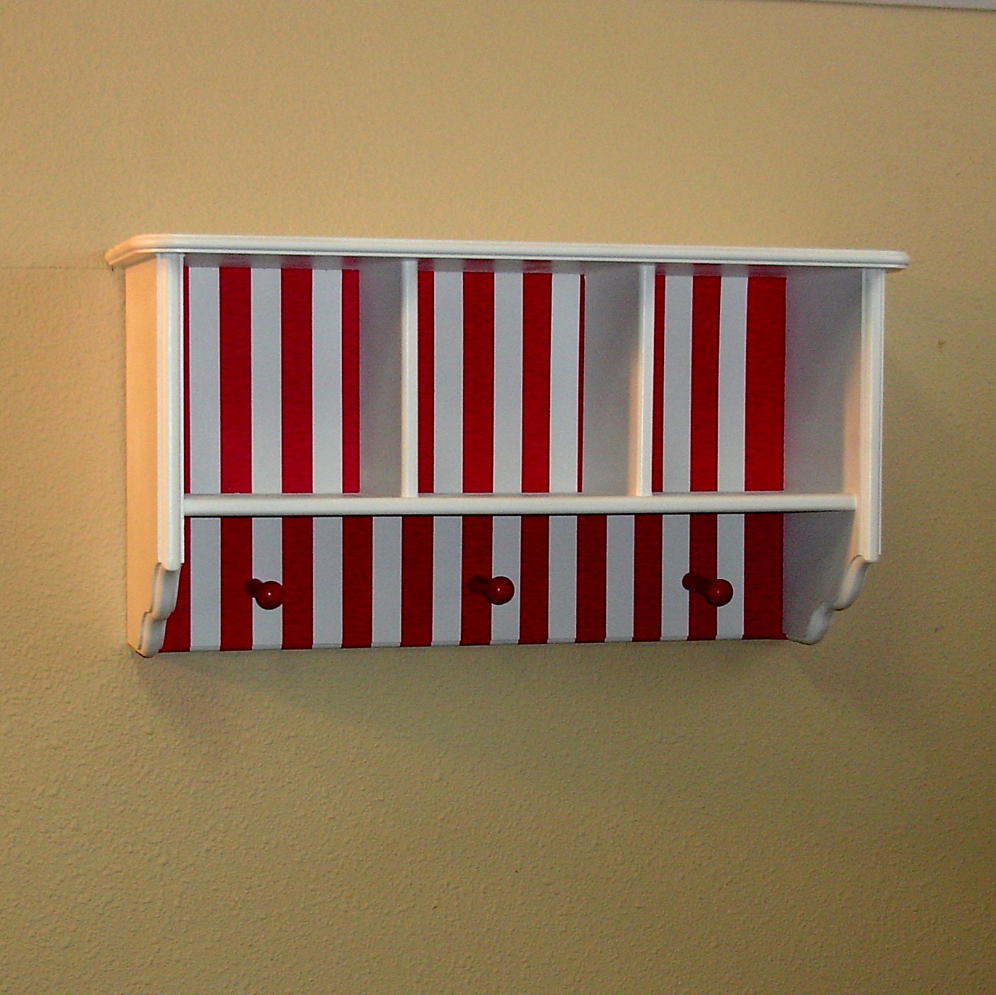Striped Wall Shelf Nursery or Room Red Striped Wall Shelf with Three Cubbies