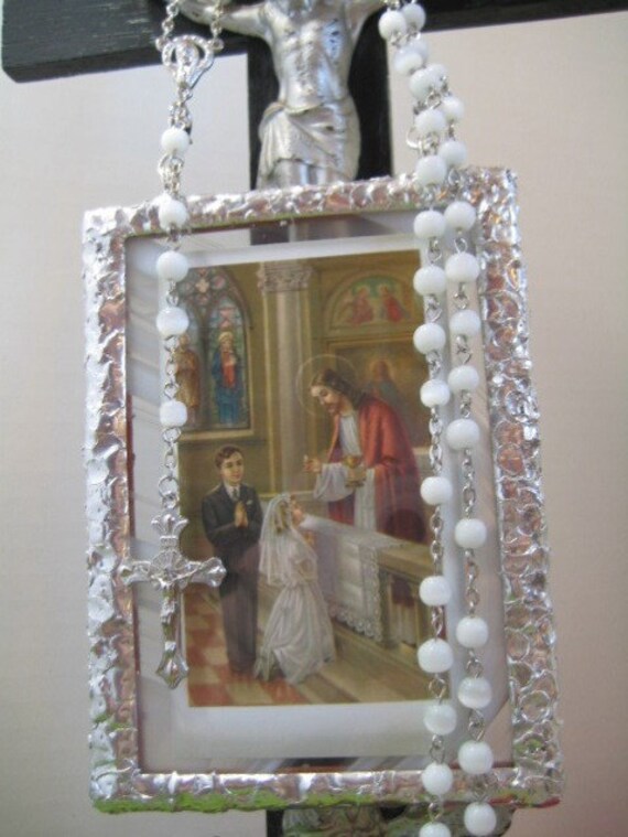 First Holy Communion Gift  Stained Glass Prayer Card Devotional  Keepsake  with Rosary Made to Order   Personalized Girl