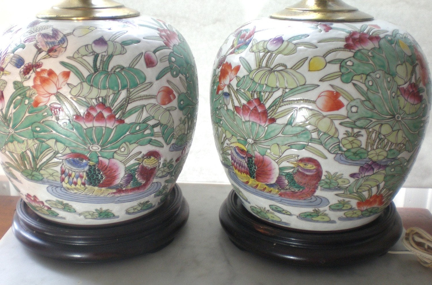 SALE Pair Vintage Chinoiserie Hand Painted Jar Lamps