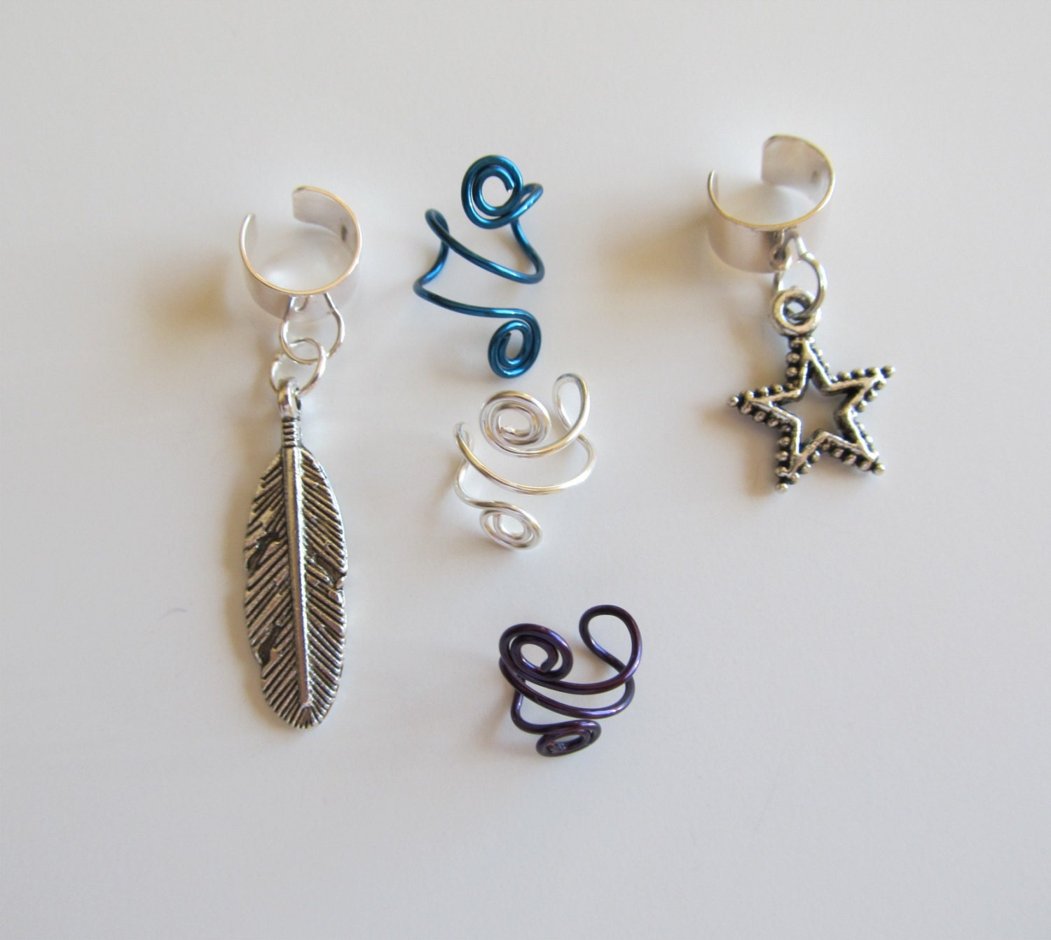 Earcuff Set of 5 Ear Cuffs Feather Star and Spirals