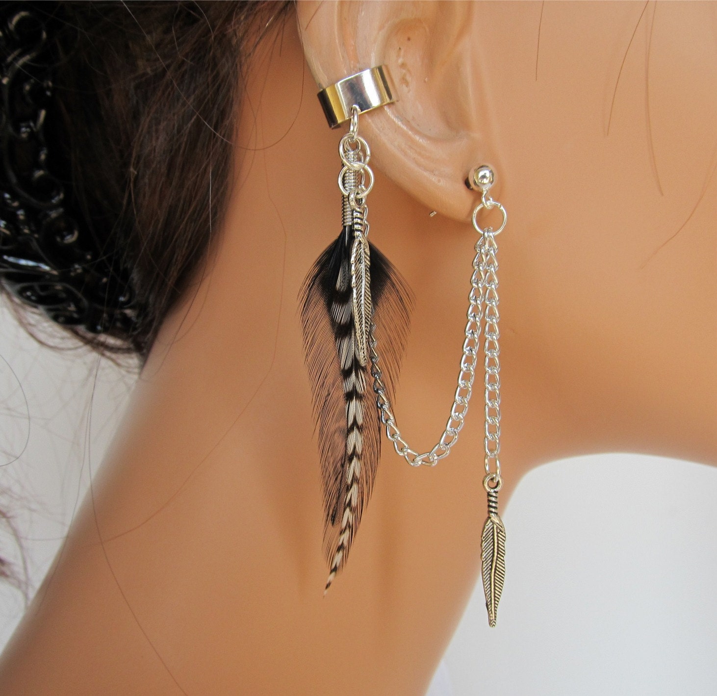 Feather Ear Cuff Black Rooster and Grizzly