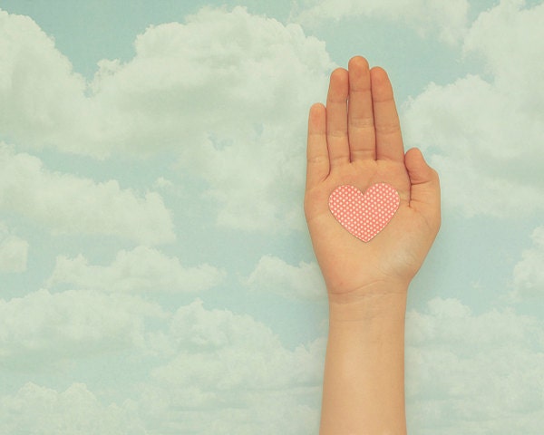 heart, hand, clouds, blue, pink, pastel, home decor, nursery childrens wall art, 8x10 photograph