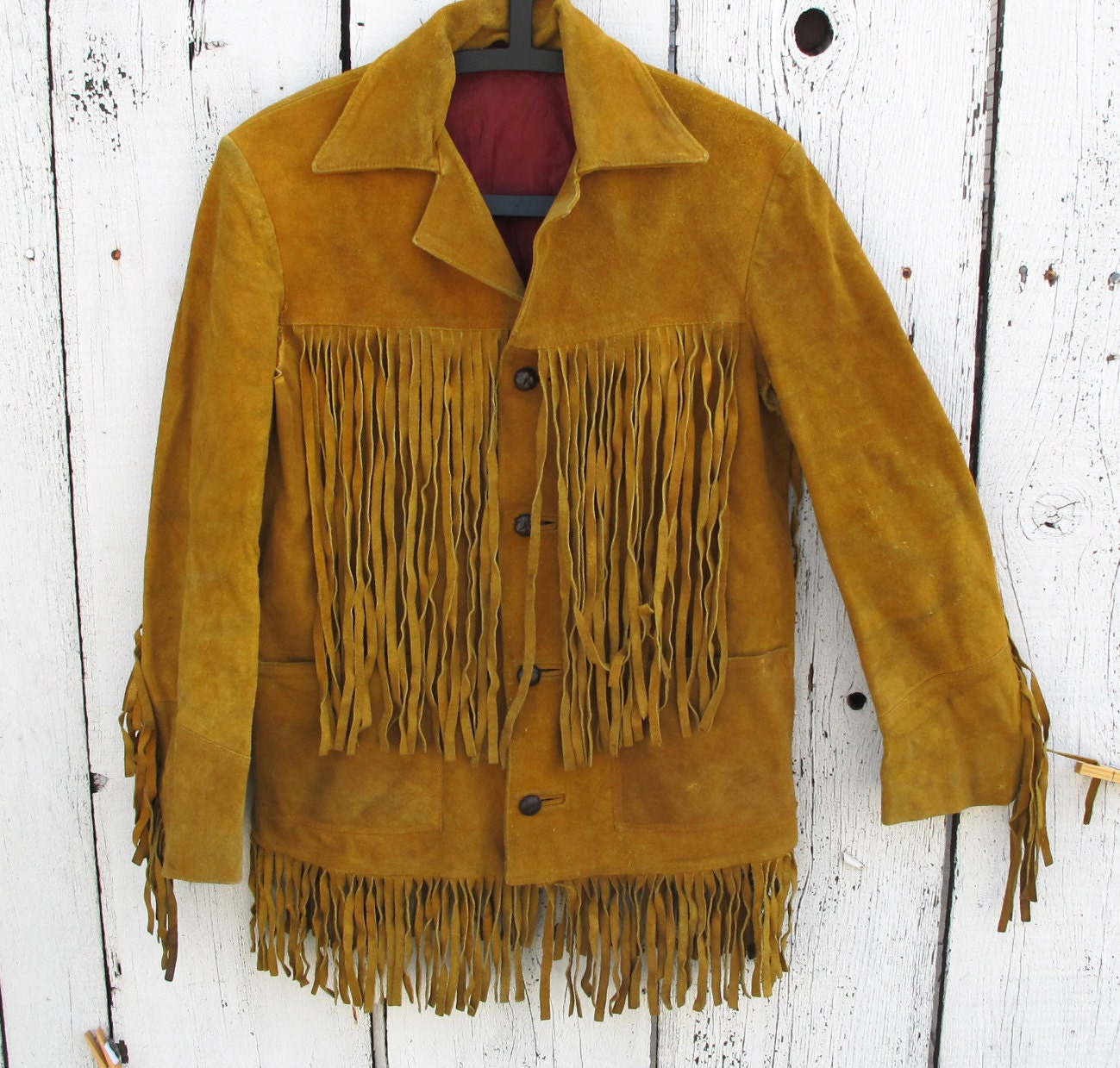 70s Men's Mustard Long Fringe Jacket TORN SLEEVES by KFTvintage
