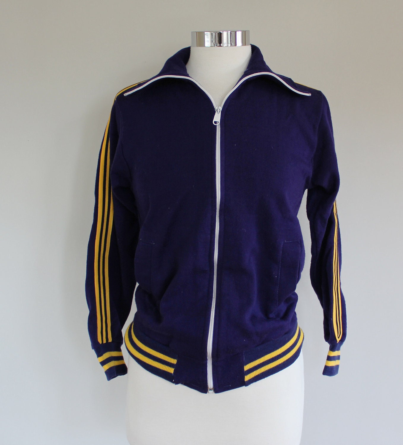 Vintage 80s Navy and Yellow Striped Track Jacket size SMALL