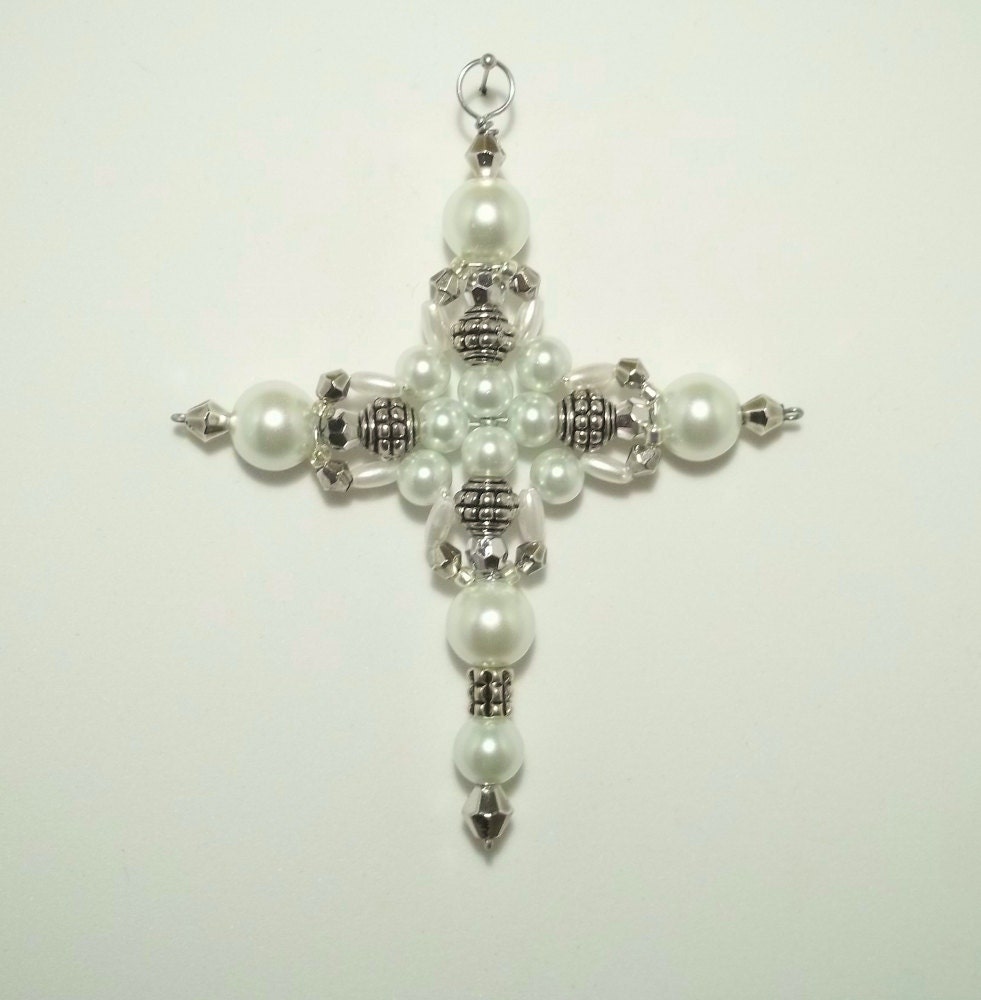 Cross Ornament - Car Charm - Suncatcher - White Pearl and Silver
