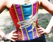 Multicolor overbust corset with a dragonfly, Sari fabrics, red, gold, blue, pink, green, 25.5" waist, by Jupiter Moon 3