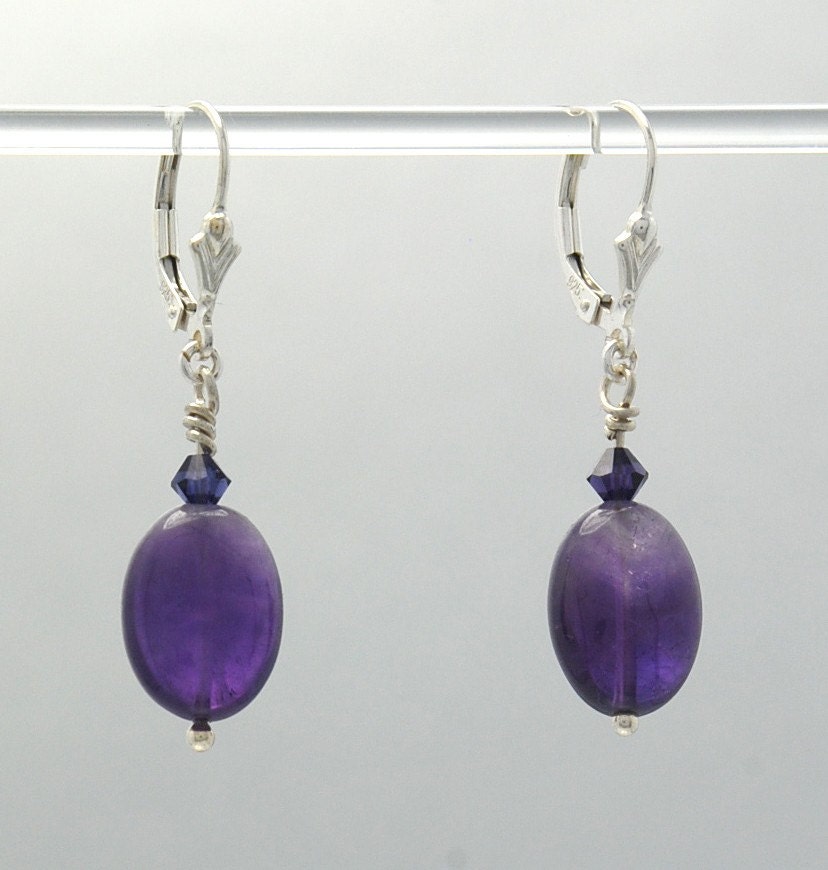 Amethyst earrings (Deep purple Amethyst ovals, Swarovski crystals, Sterling Silver fleur de lis lever backs)