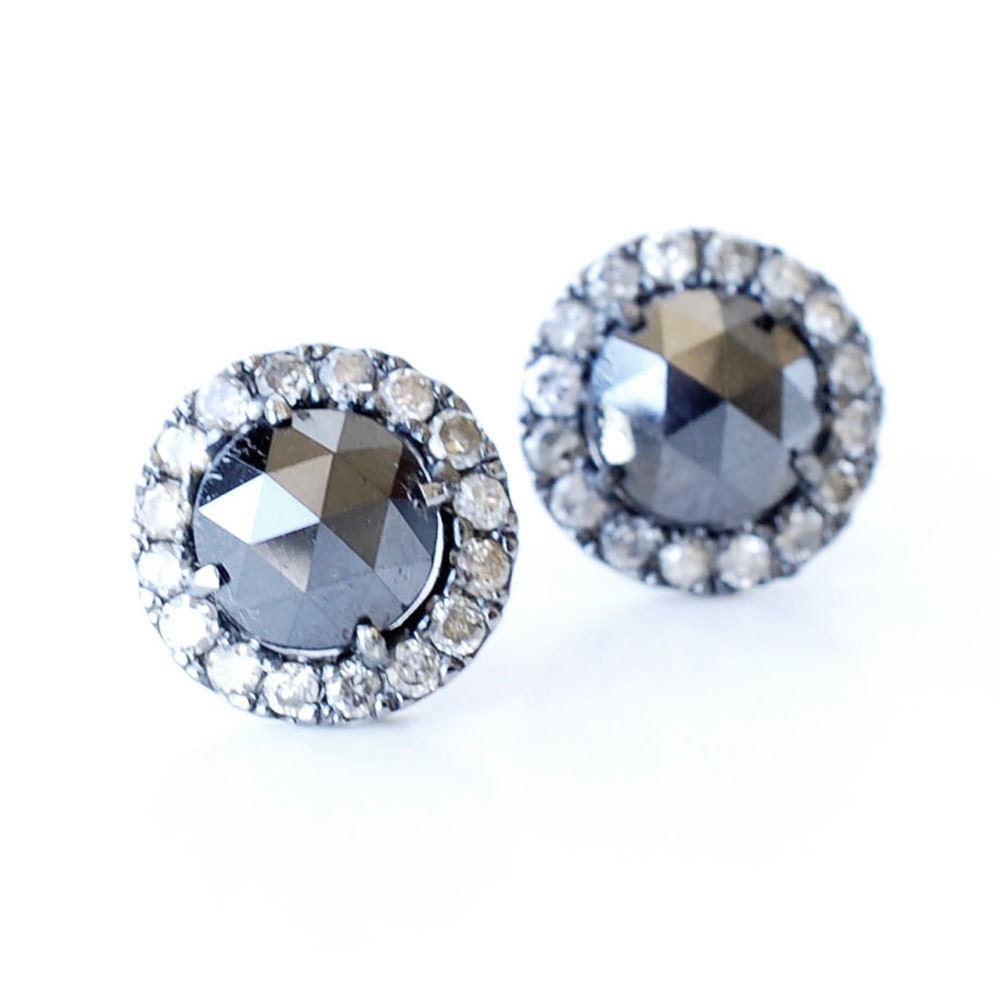 Black Diamond Earrings, Rose Rose Cut Black Diamond Earrings, Diamond Studs, Black Diamond Studs, Pave, Antique Finish Earrings, Nixin