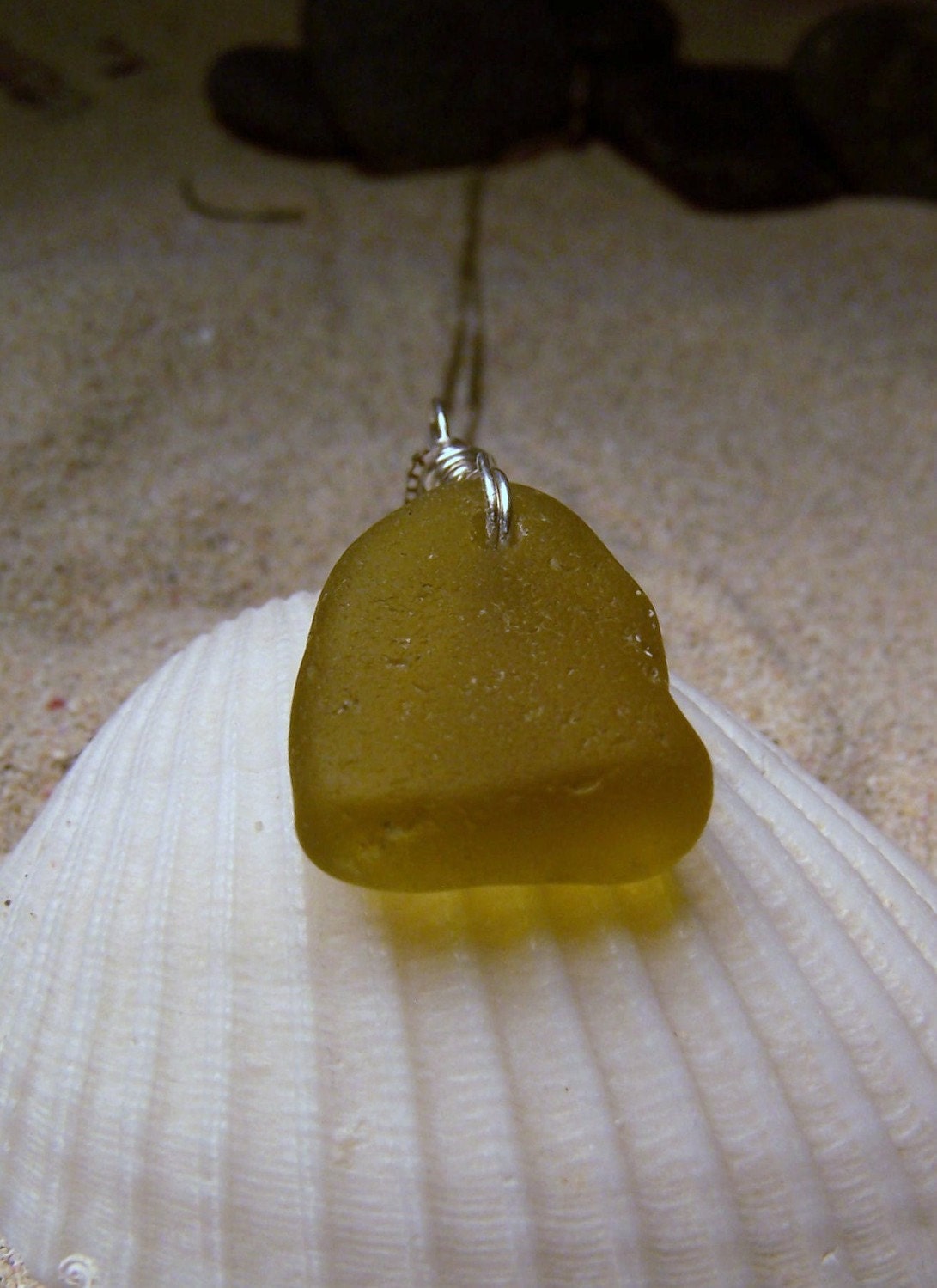 Sea Glass Necklace--Rare Citron with Simple Sterling Silver Wire Wrap