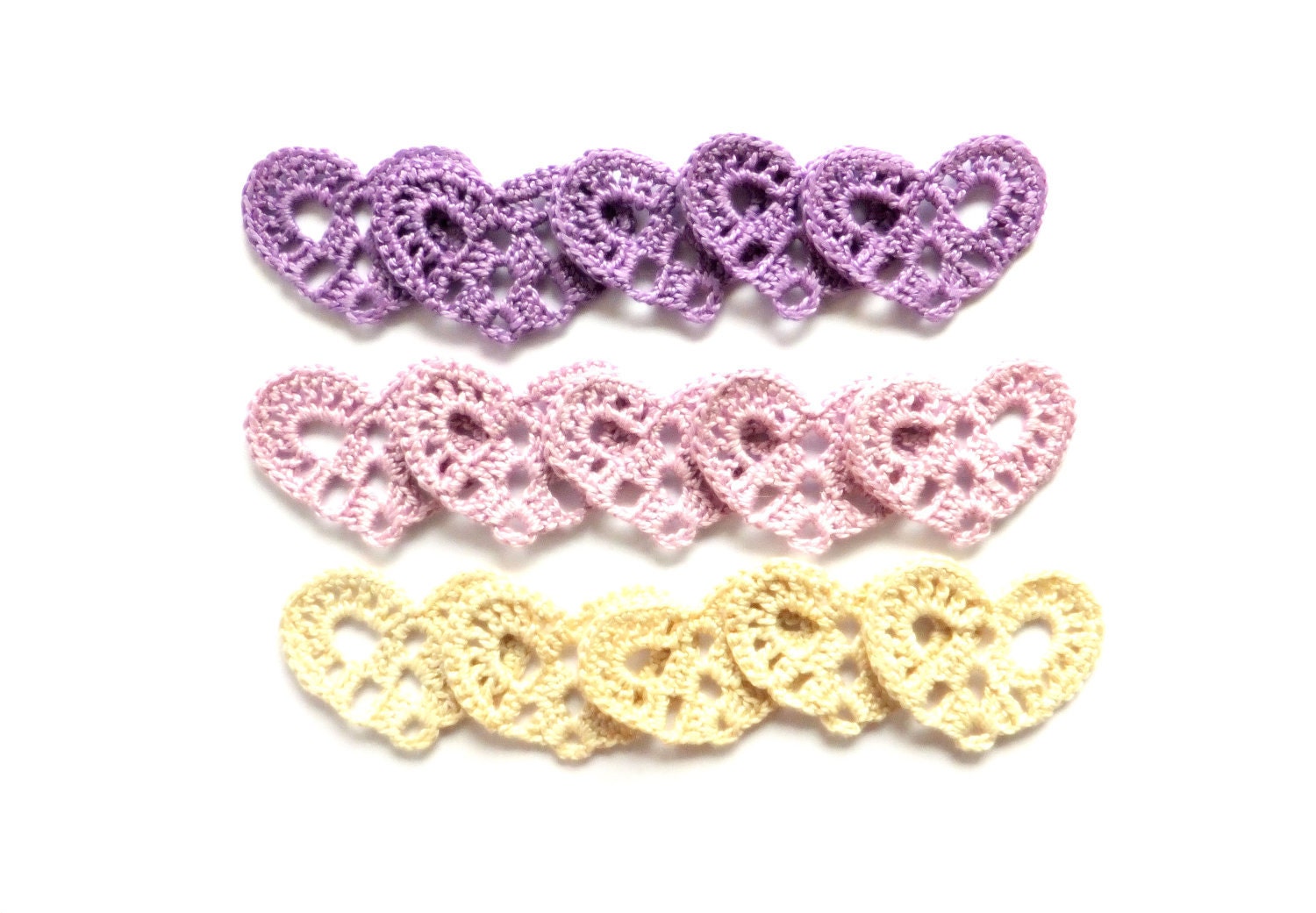 Crocheted hearts - lavender Wedding decorations, favors, applique, embellishments /set of 15/
