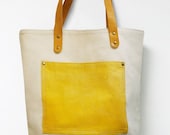 Leathinity - Beige Canvas Tote Bag w/ Genuine Leather Handles - Eco Friendly
