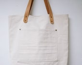 Leathinity - Beige Canvas Tote Bag w/ Genuine Leather Handles - Eco Friendly