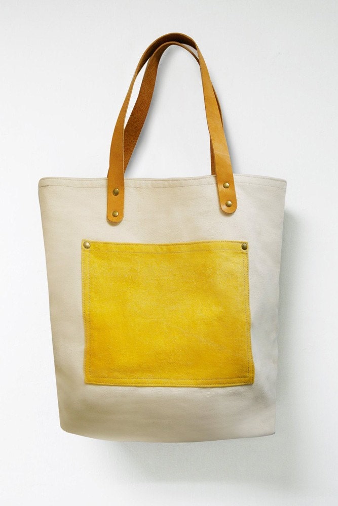 Leathinity - Beige Canvas Tote Bag w/ Genuine Leather Handles - Eco Friendly