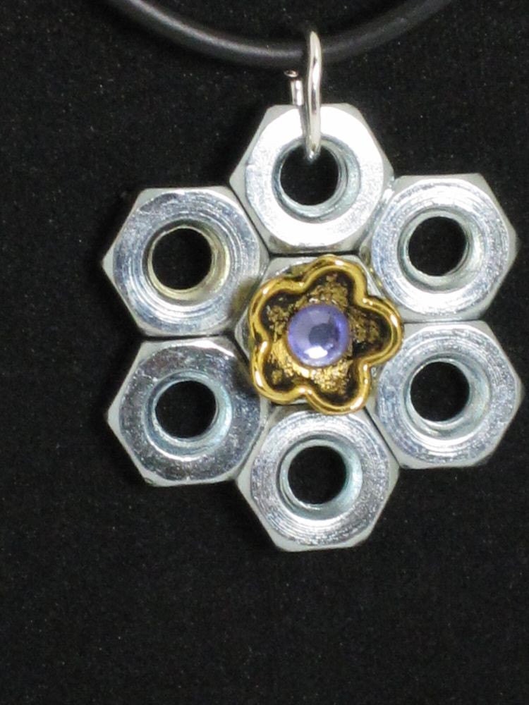Industrial Hardware Flower Necklace With Purple Swarovski Crystal Handmade By HardwareHoney Jewelry