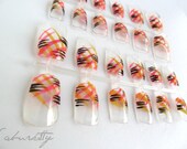 Solar Flare Nail Art black pink yellow stripes abstract hand painted design clear translucent lucite nails w/Glue