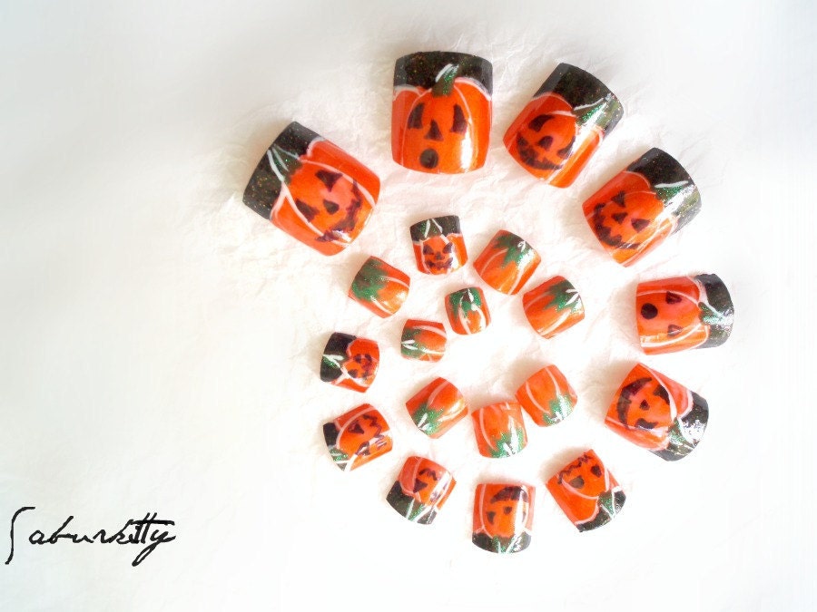 Pumpkin Nail Art Kawaii Carved Faces (patch, orange, pedicure, toenail,