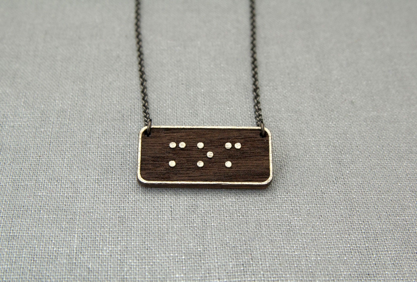 Mother's Day "Mom / Love" Reversible Braille Message Necklace in Walnut on Gunmetal Chain - birdofvirtue