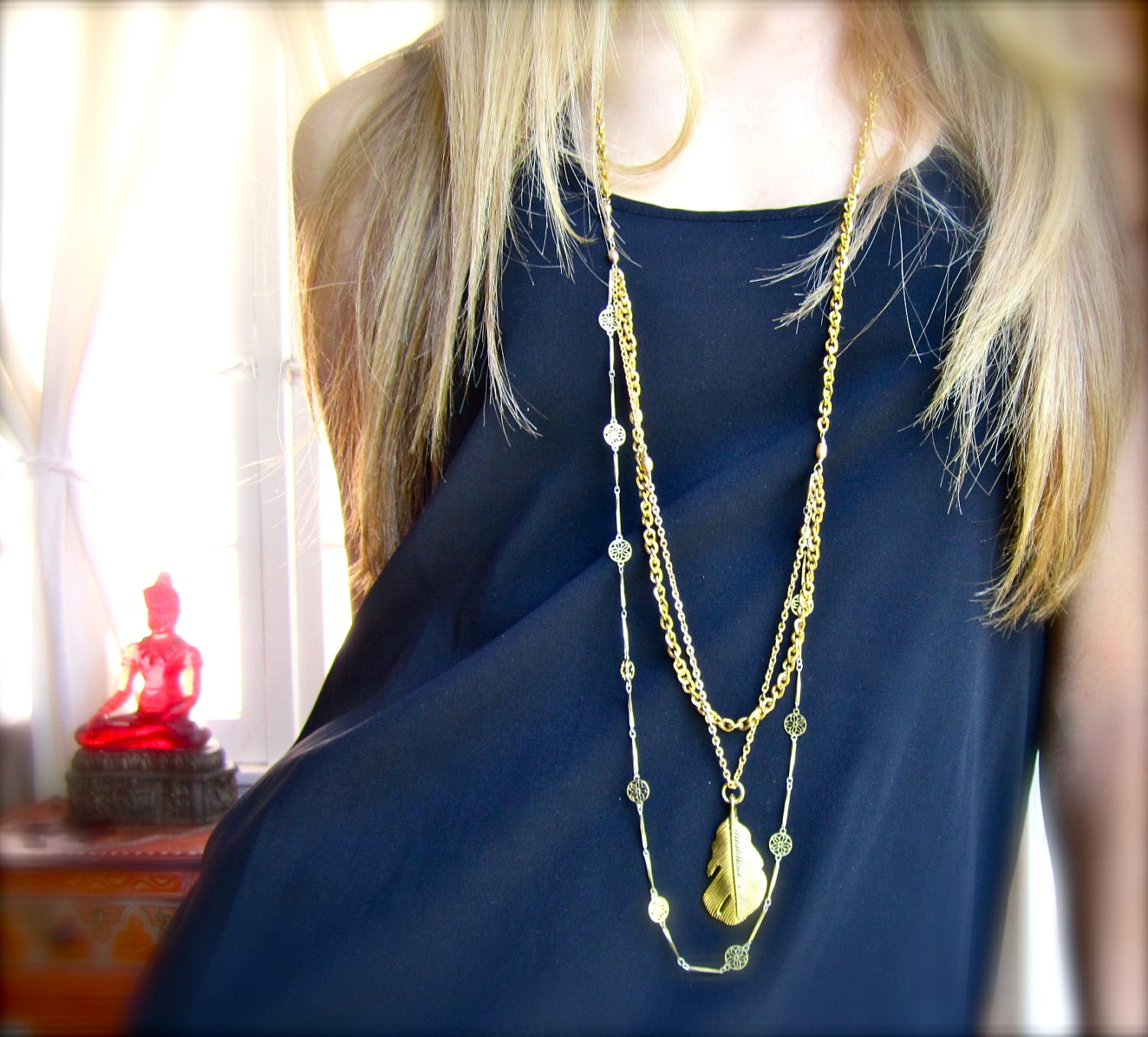 Long Gold Layered Vintage Emma Necklace with Leaf Pendant