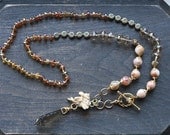 Peachy Keen Crystal with Delicious Tones of Apricot and Roses Rosary Necklace with Vintage Earring