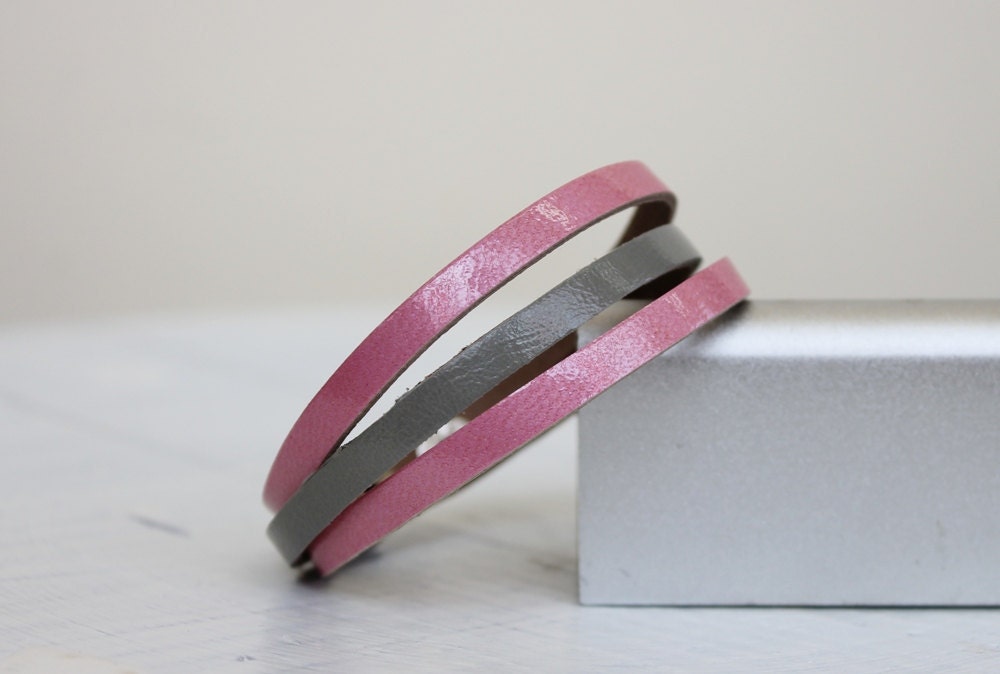Pink and  Grey Leather  Bracelet