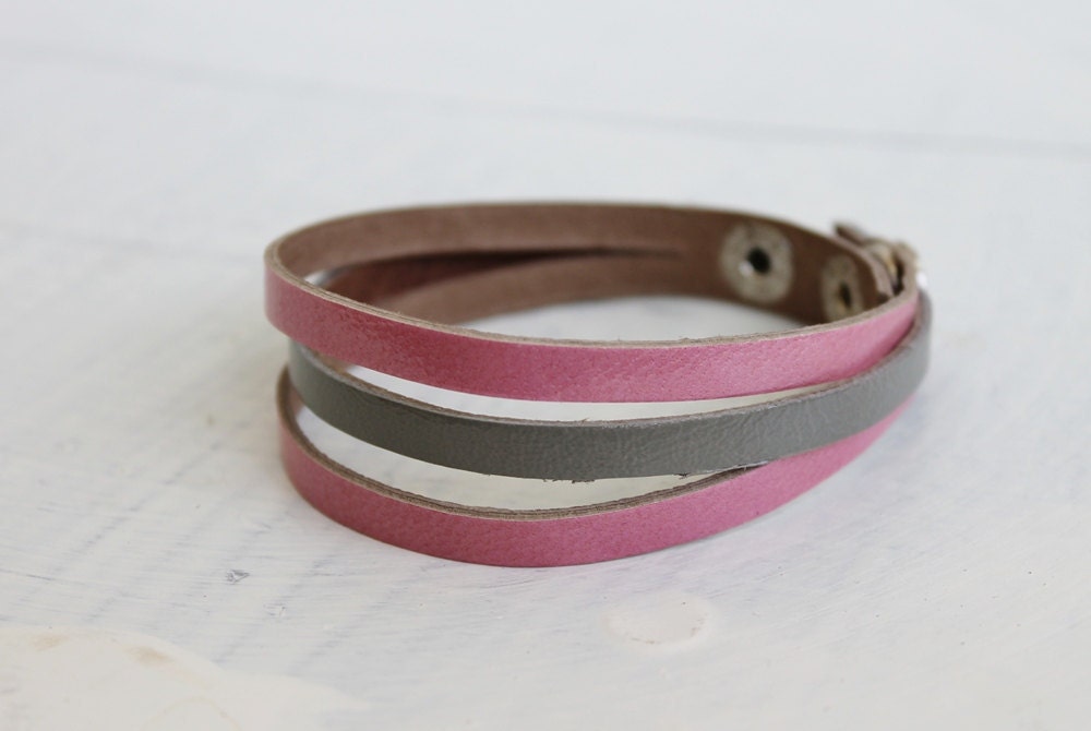 Pink and  Grey Leather  Bracelet