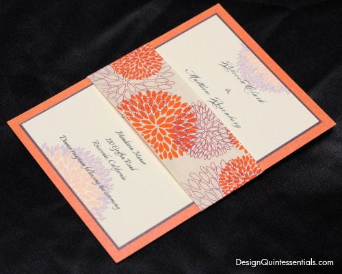 Orange Flame Classic Panel Wedding Invitation in Mums Floral Design