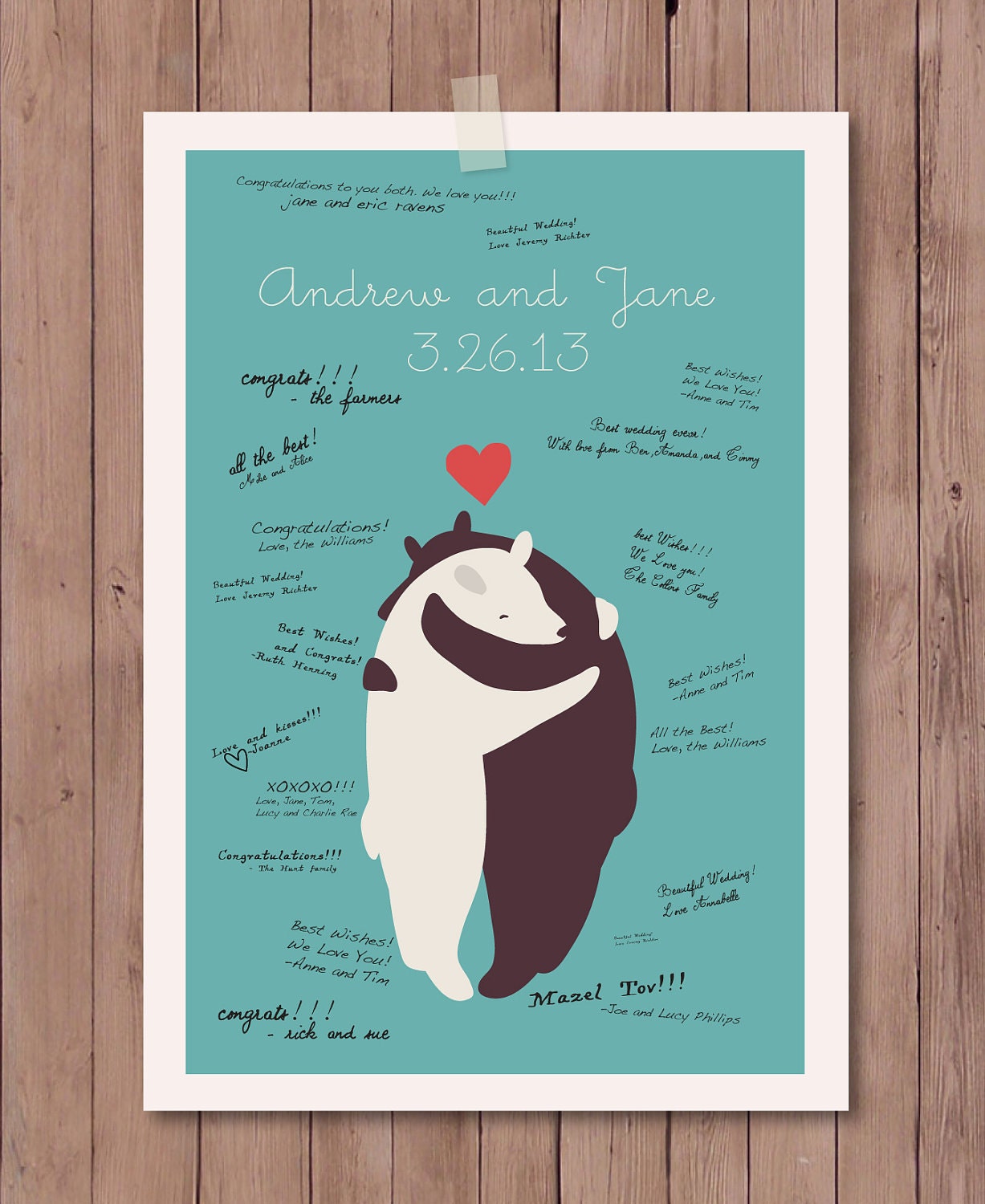 12X18 Modern art print features bear hug for wedding guest signatures.