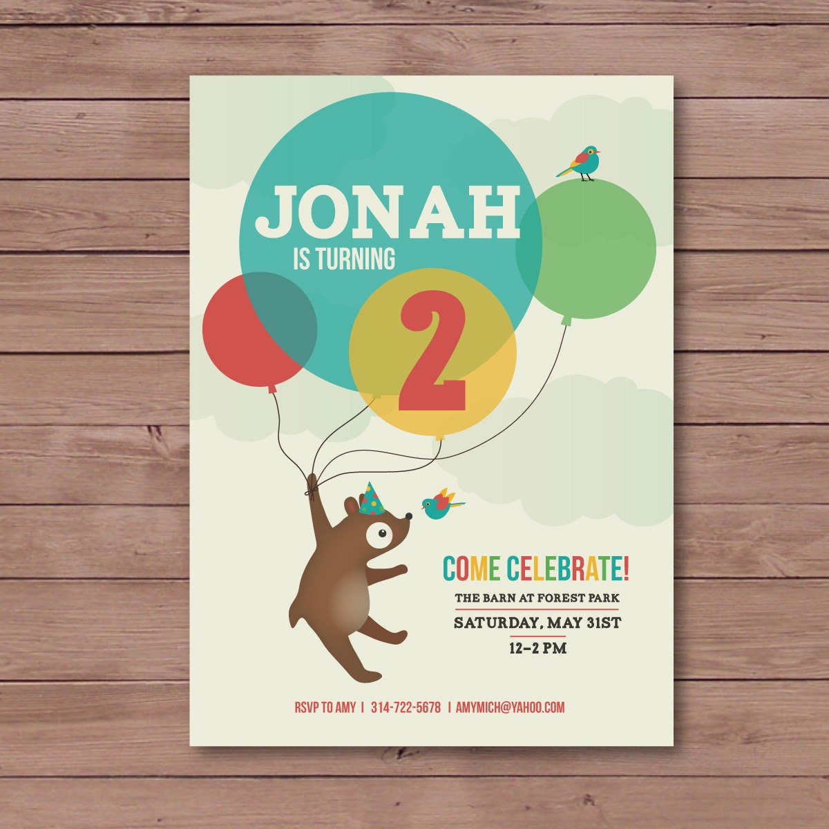 5X7 Children's birthday invitations features bear, birds, and balloons