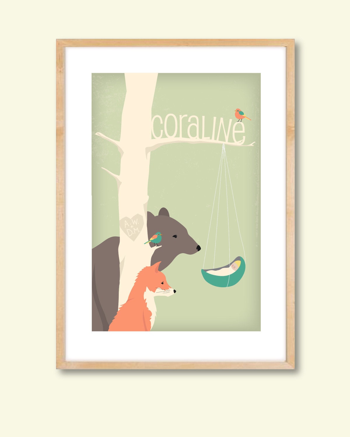 Personalized children's illustration, woodland animals gazing at a newborn, baby shower gift, nursery art