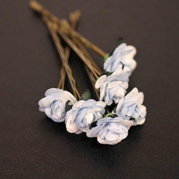 Sky Rose Bridal Hair Accessories Wedding Hair Flower - Light Something Blue and White Paper Flower Brass Bobby Pin - Set of 6