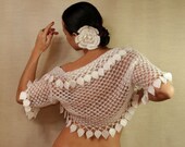 Night in White Satin / Crochet Shrug Flower Brooch S-M-L Bridal Bolero Jacket  White Wedding Bridal Shrug Bolero Wrap Cape By Lilithist