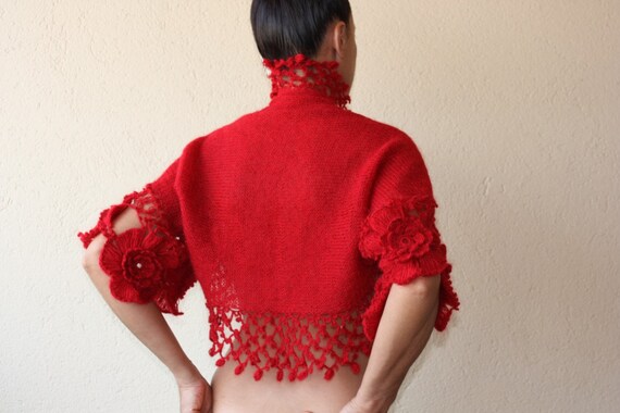 Blooming of Love / Hand Knit Crochet Red Flowers Shrug (S-M-L) Spring Summer Bridesmaid Wedding Bridal Lace Bolero Jacket- MADE TO ORDER