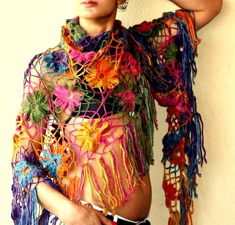 Rainbow's Glare / Crochet Flowers Shawl Wrap Stole / Lace Neck Warmer / Warm Colors / Fall Winter Spring