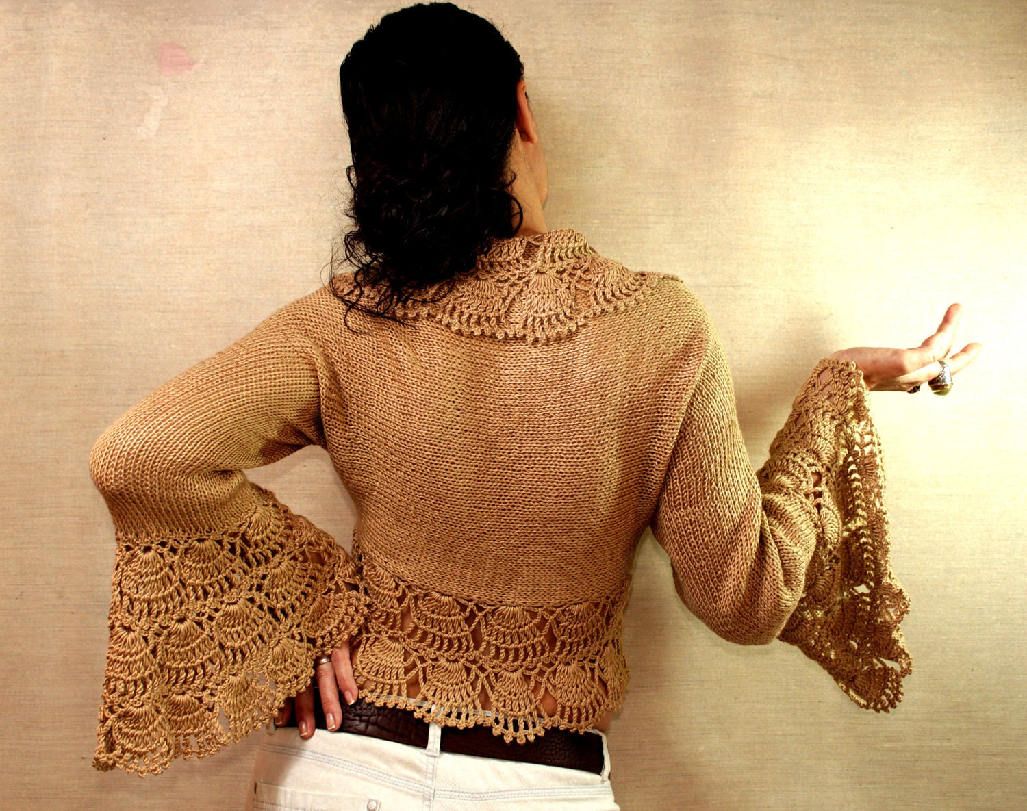 Hot Chocolate / Bridal Shrug Bolero - Knit, Crochet Ruffle Cardigan-Long Bell Sleeve Bolero Jacket - (S-M-L) Chic Boho