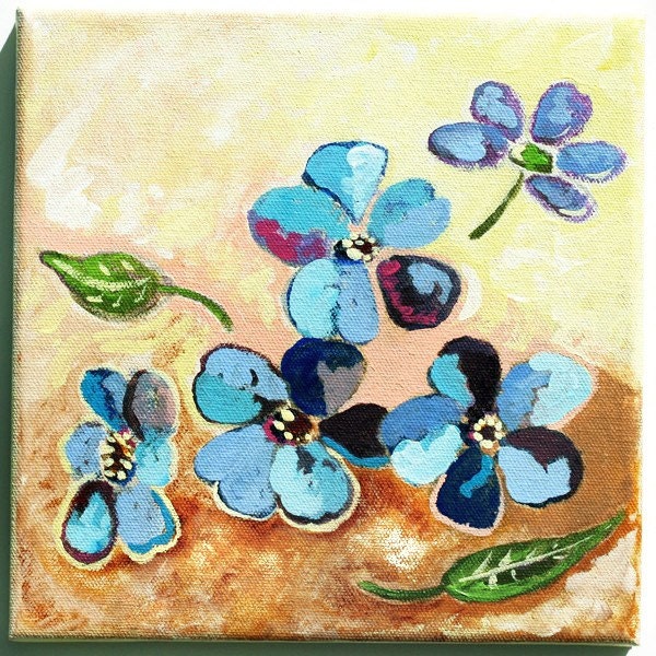 Original Painting, Acrylic Painting on Canvas, flower painting, blue, brown decor, gift for grandma, 8x8 Floral Painting - Singing the Blues